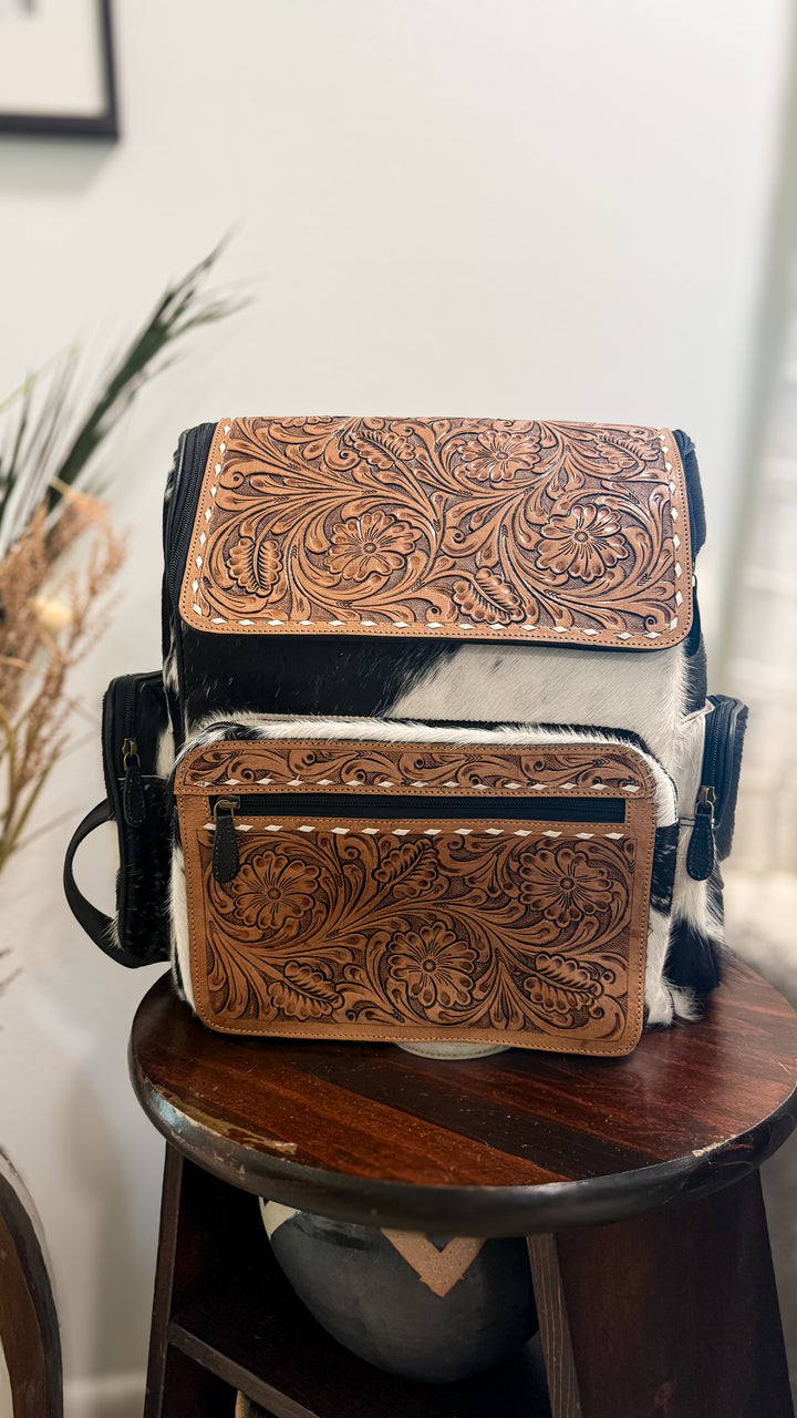The Bubba XL Backpack | Tooled Leather Cowhide Travel Bag | Black or Tan