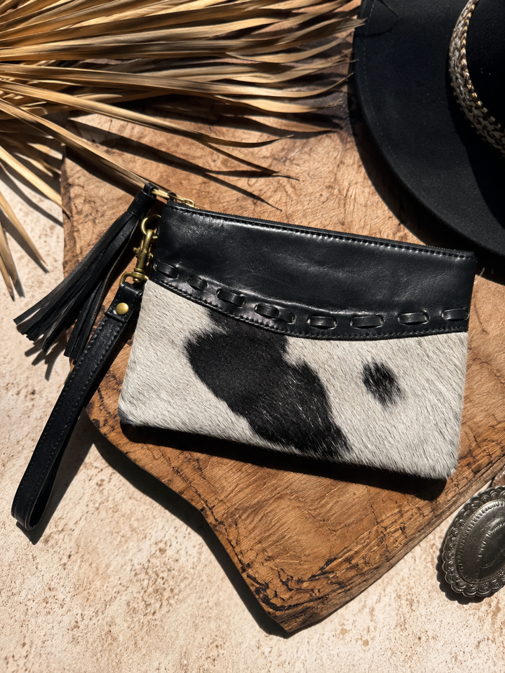 The Speakeasy | Hair-On Cowhide Leather Wristlet Tassel Clutch