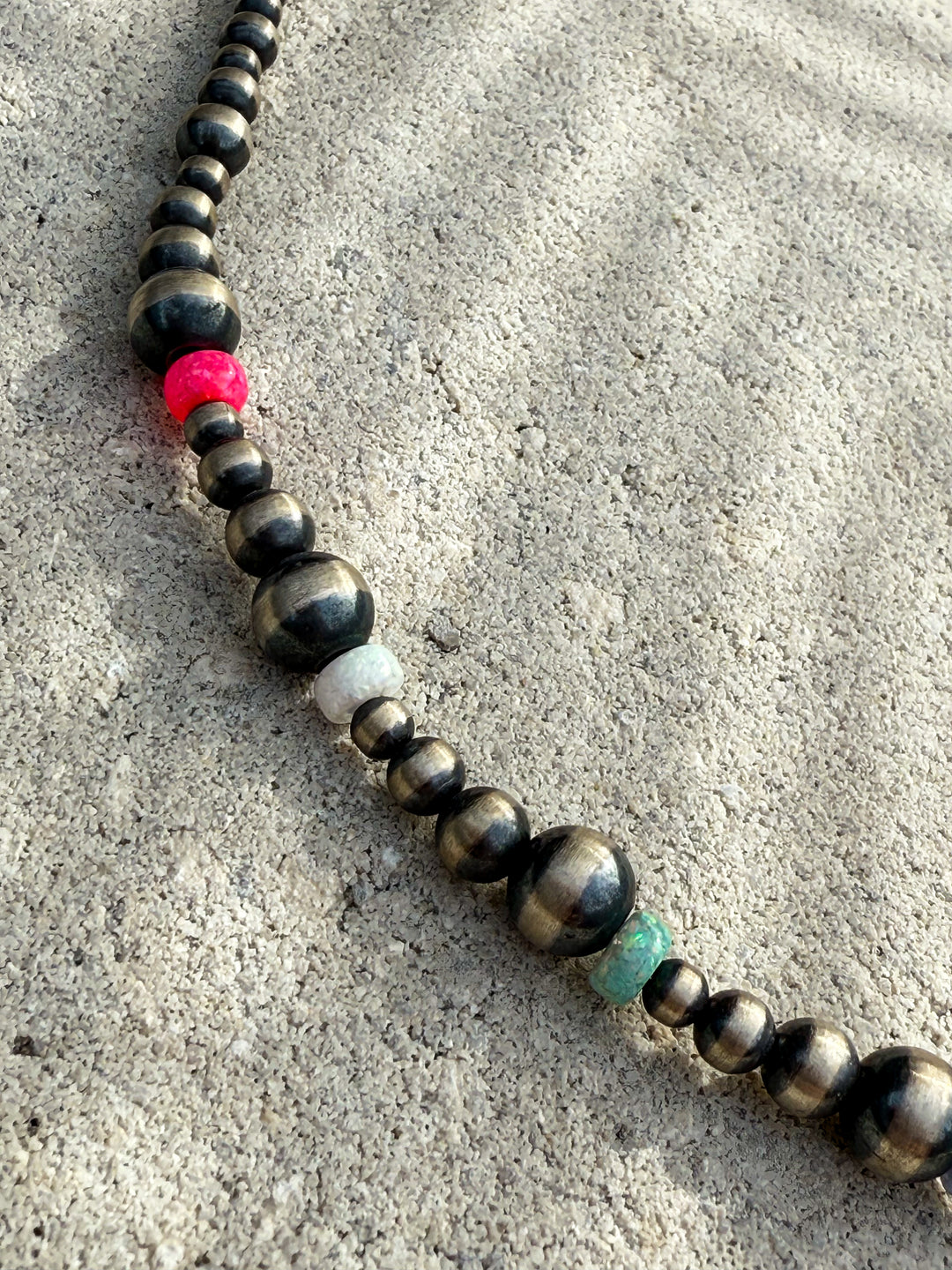 18” Native Strung Sterling Silver Graduated Beads & Pink, White and Blue Lab Opal “Navajo Pearls”