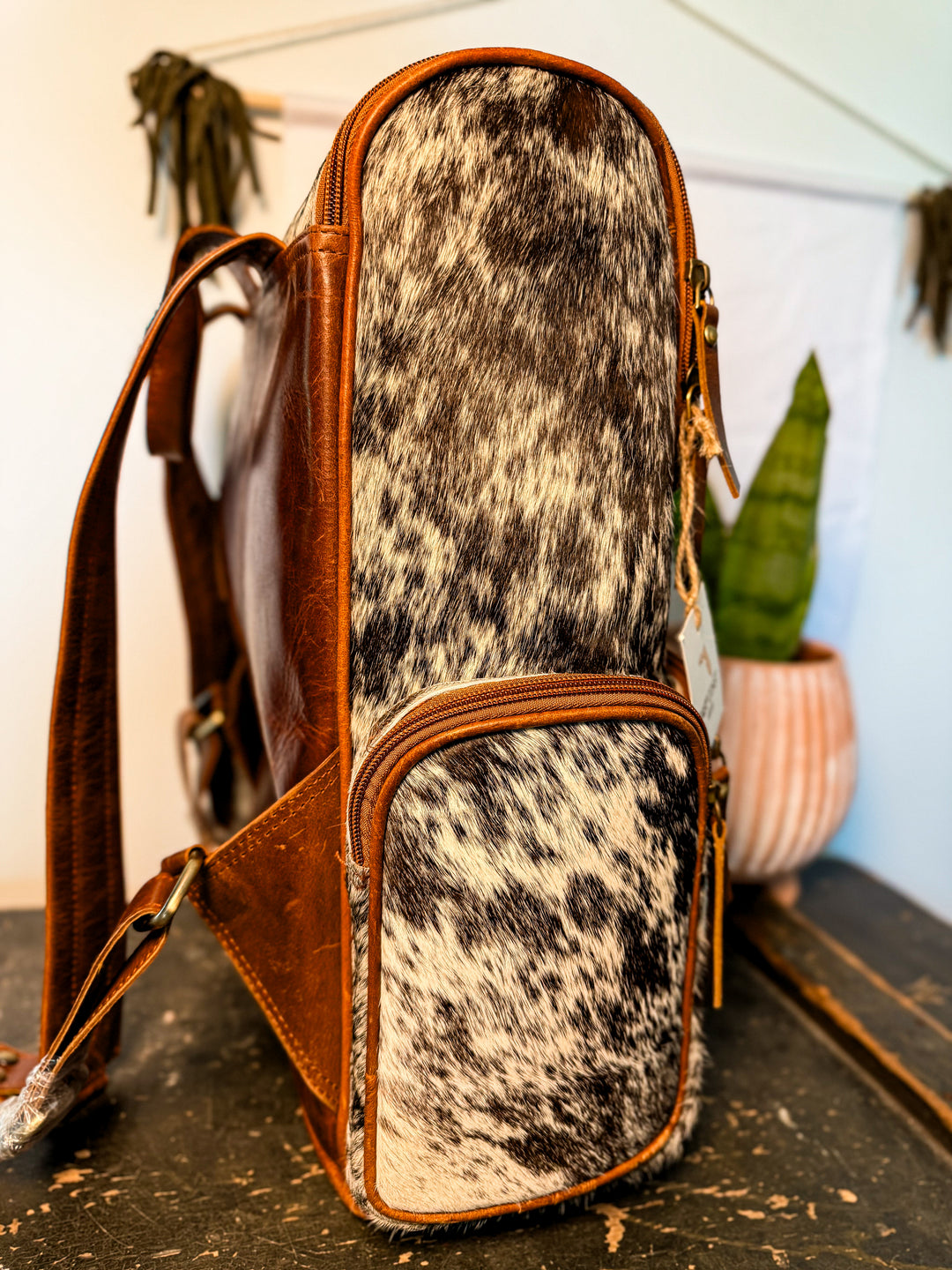 The Bubba Bag: Hair on Cowhide Full Grain Leather All Adventures Backpack in Black White Grey Speckled Hide