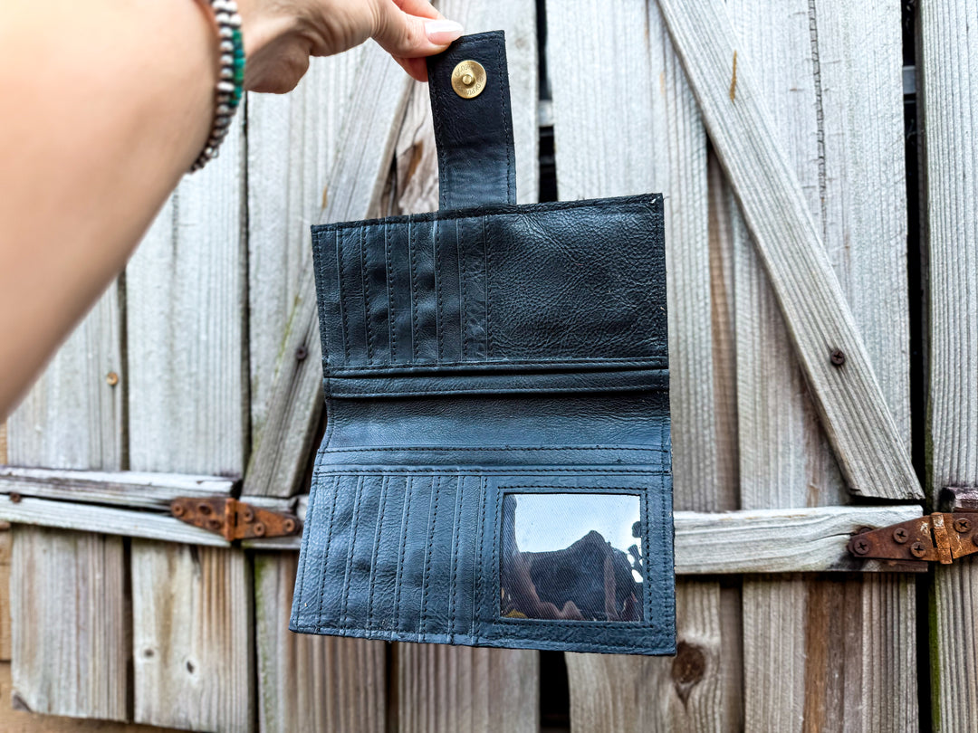 Speed Check Wallet | Handcrafted Black and White Tooled Leather Checkered Wallet with Black and Grey Cowhide