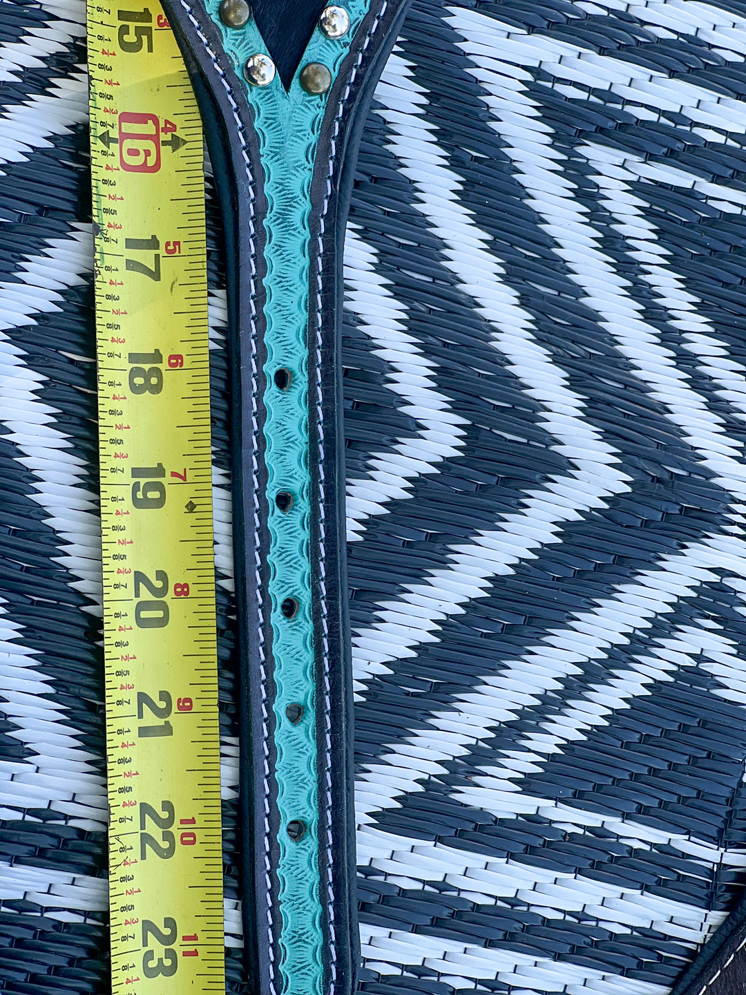 Turquoise Outlaw : (L) Hand Tooled Leather and Cowhide Studded Dog Collar