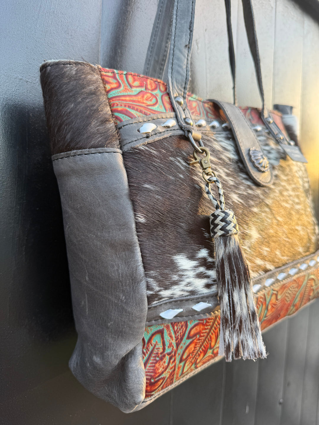 Vintage Vibe Black Leather Concealed Carry Purse with Hair-on Cowhide & Tooled Leather | Right-Hand CCW Tote