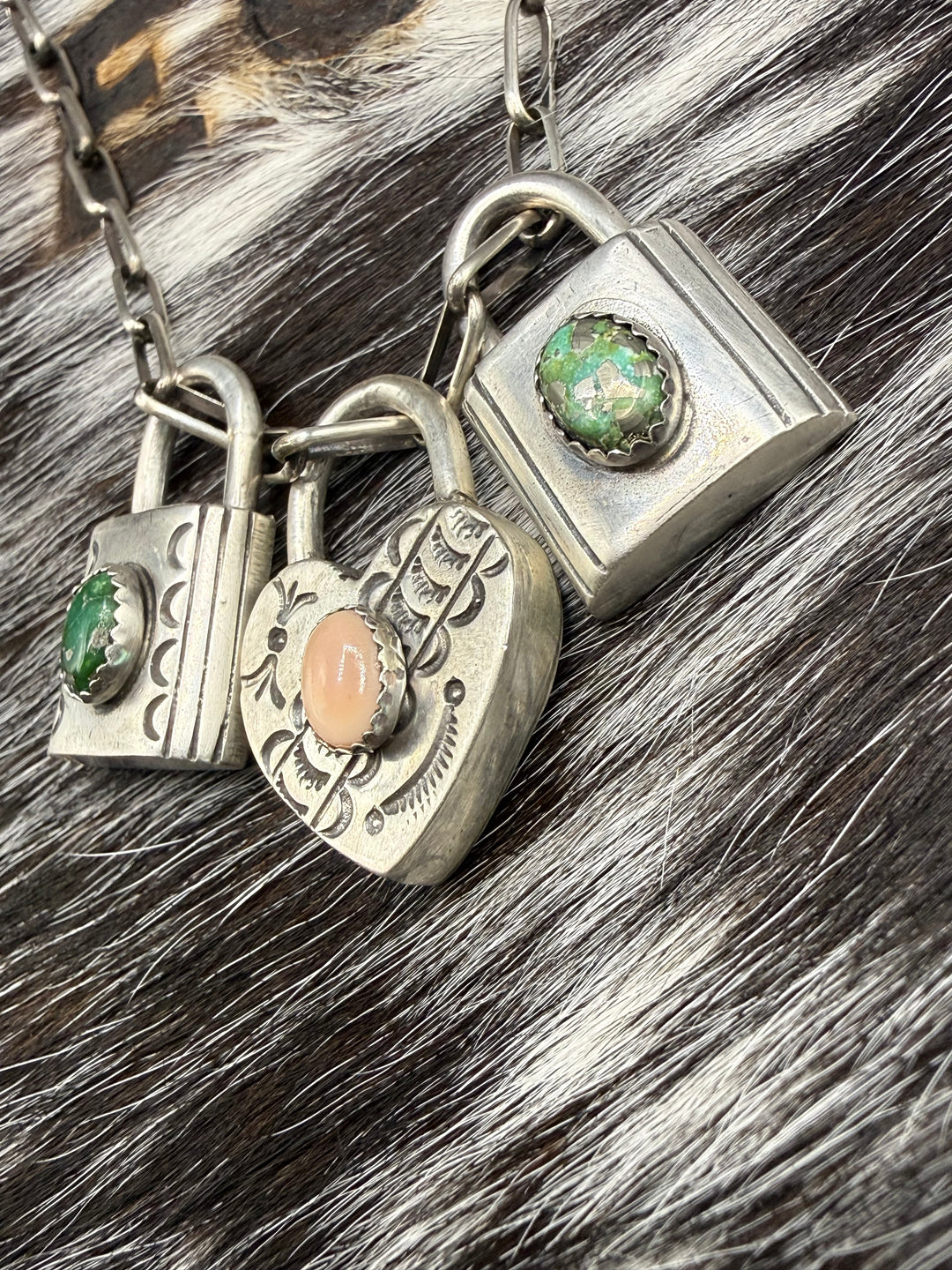 Navajo Sterling Silver Lock Necklace Charm Pendants | Turquoise or Pink Conch