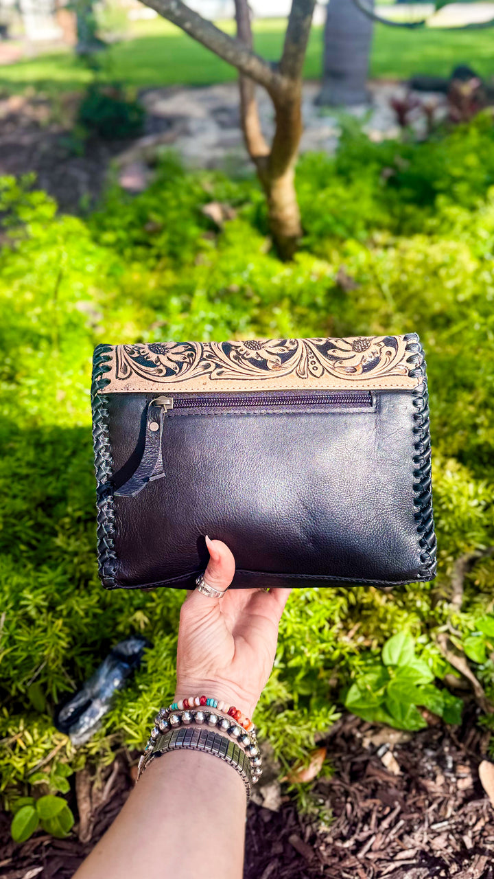 Black and Bloom | Full Grain Brown Tooled Leather Western Crossbody Purse