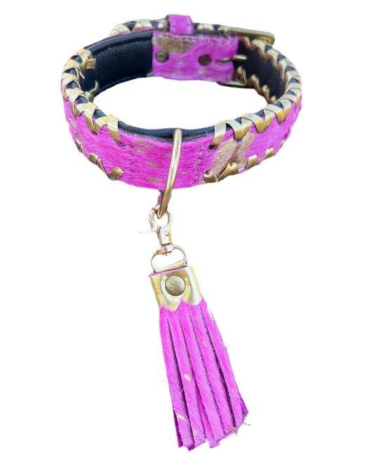 Hand Dyed Pink and Gold Cowhide Leather Dog Collar with Tassel (S/M)