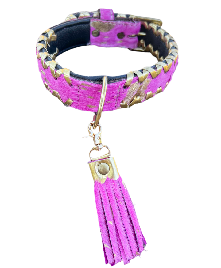 Hand Dyed Pink and Gold Cowhide Leather Dog Collar with Tassel (S/M)
