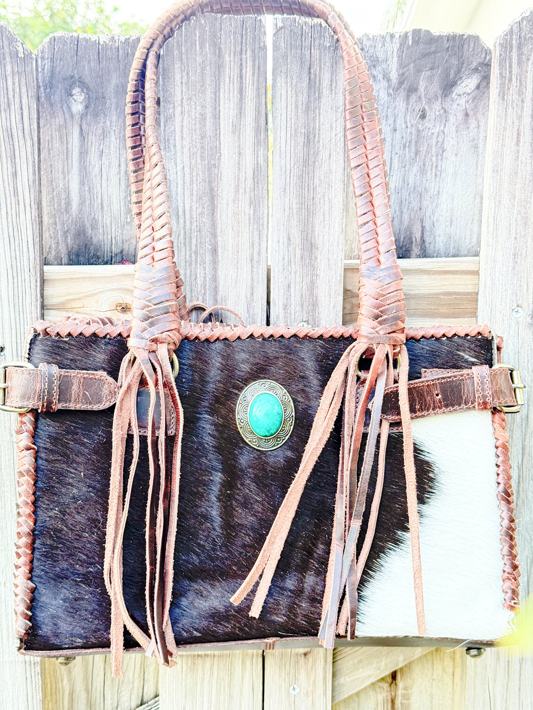 The Everglades Outrider | Distressed Brown Leather Western Purse with Braided Straps and Hair on Cowhide