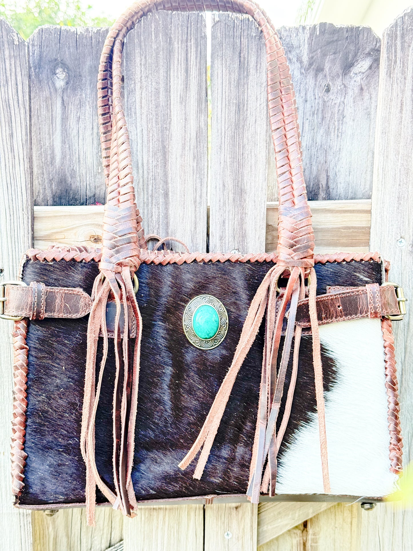 The Everglades Outrider: Distressed Brown Leather Western Purse with Braided Straps and Hair on Cowhide