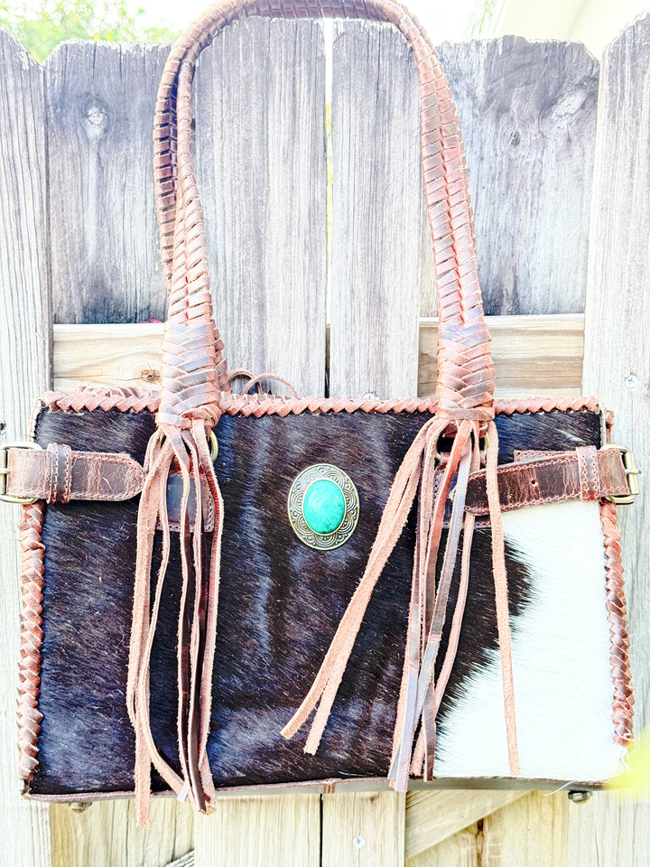 The Everglades Outrider | Distressed Brown Leather Western Purse with Braided Straps and Hair on Cowhide
