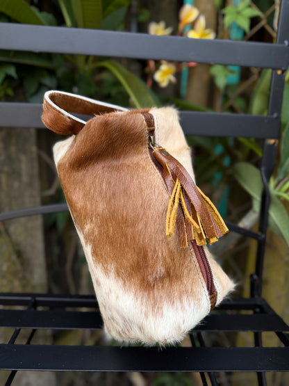 Brown/Tan Cowhide & Leather Travel Cosmetic Bag | Zipper Toiletry Case