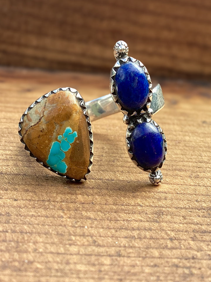 Sterling silver adjustable floater ring with turquoise and lapis southwestern statement jewelry