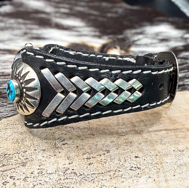 Navajo Kingman Turquoise Sterling Silver & Leather Cuff Watch