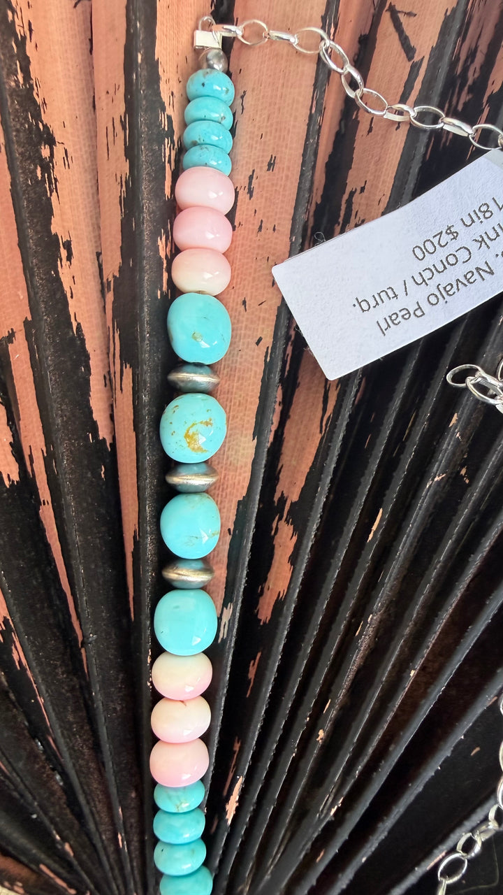 Navajo Kimberly Tom Turquoise & Pink Conch Necklace | Sterling Silver Chain | Handmade