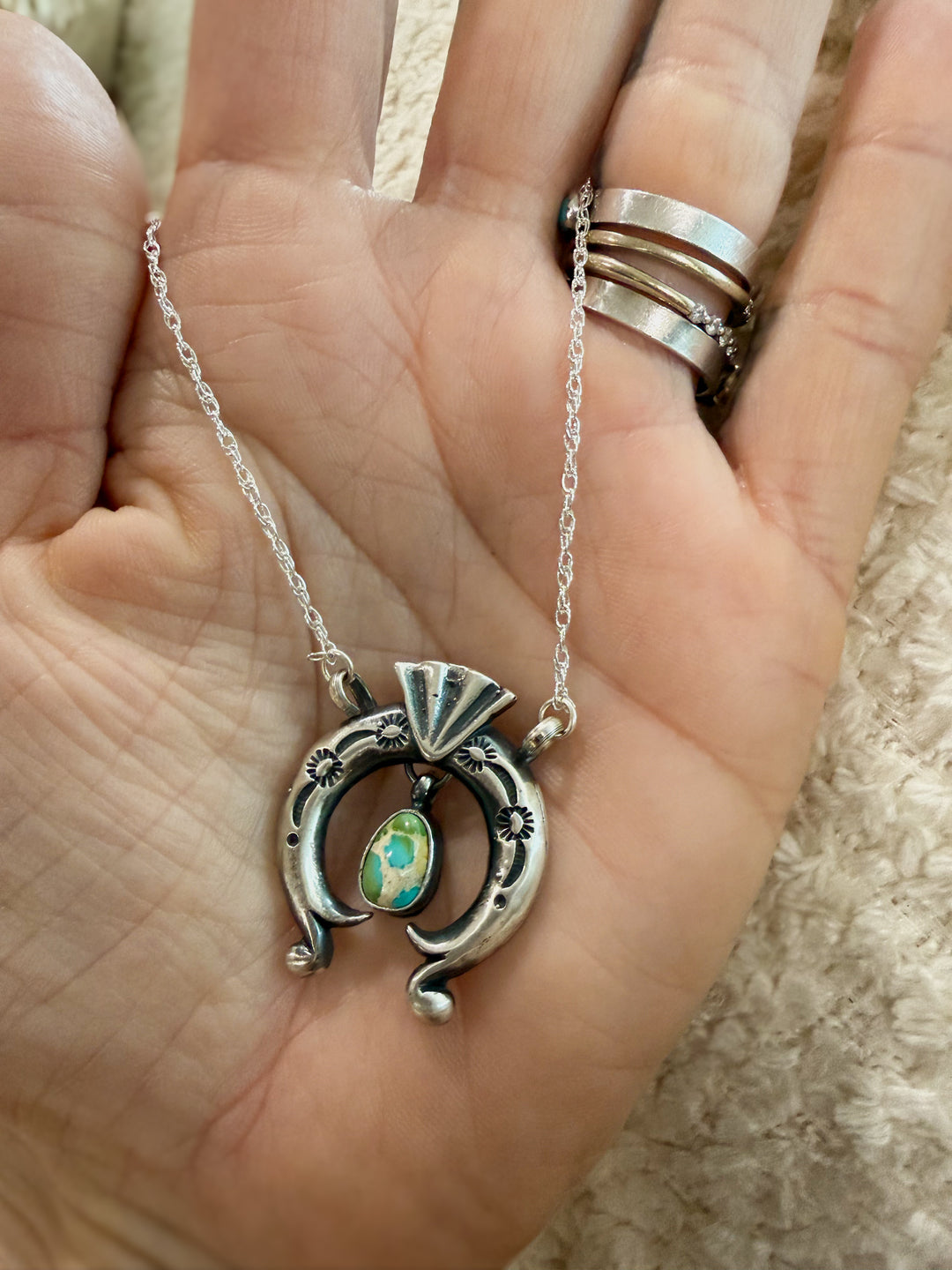 Mini Naja Sonoran Gold Turquoise Necklace  Navajo Handmade by Verley Betone in hand for size
