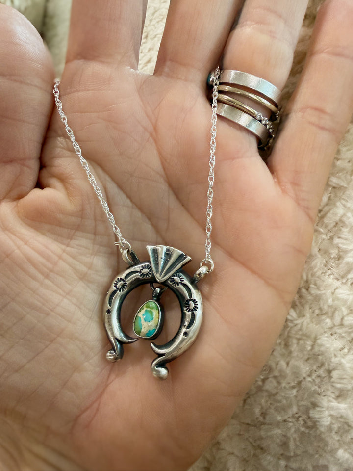 Mini Naja Sonoran Gold Turquoise Necklace  Navajo Handmade by Verley Betone in hand for size
