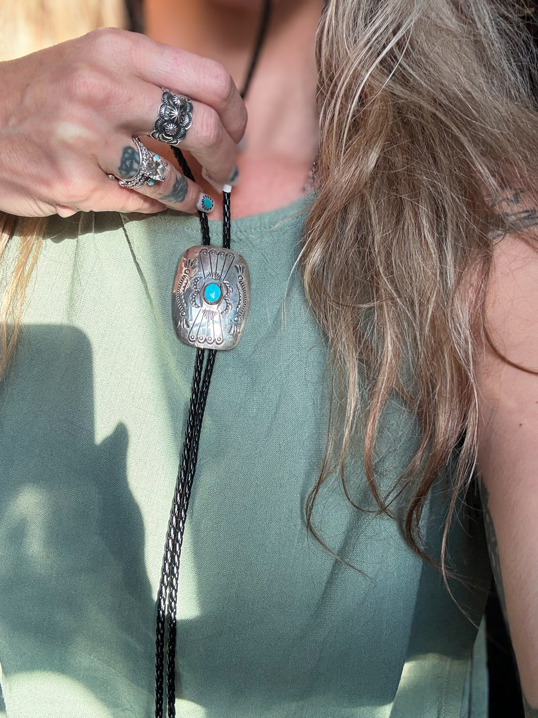 Navajo Sterling Silver Concho Bolo Tie – Kingman Turquoise – Signed Joan Begay