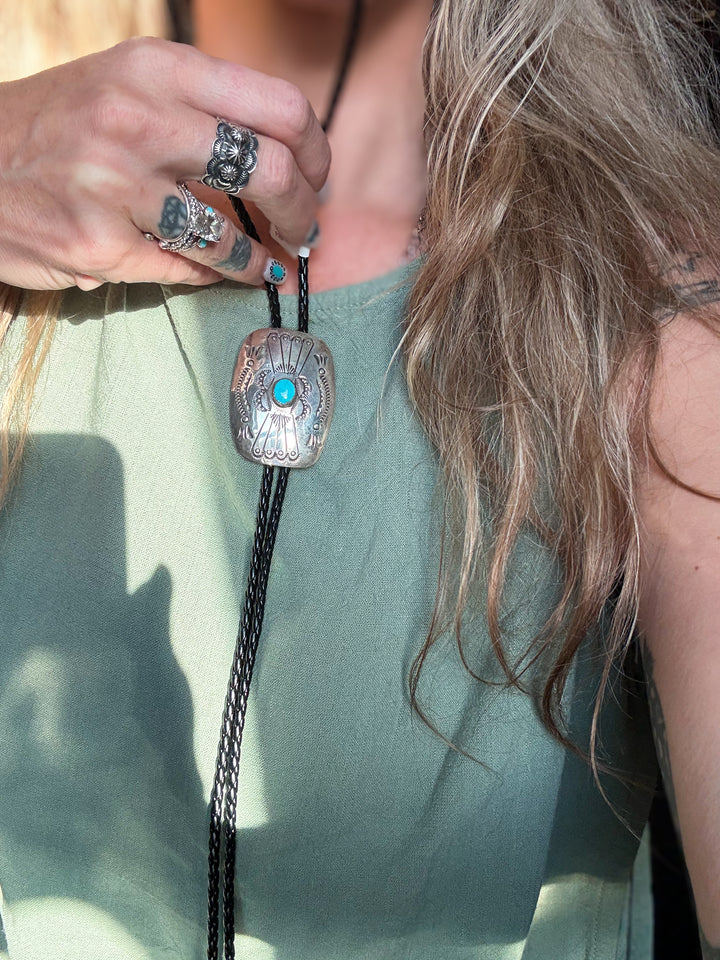 Navajo Sterling Silver Concho Bolo Tie – Kingman Turquoise – Signed Joan Begay