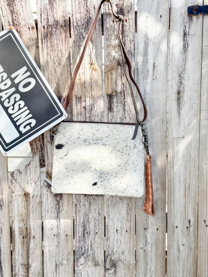 Lariat Luxe : Black and White Cowhide with Tooled Leather Design Handstrap and Removable Crossbody Strap