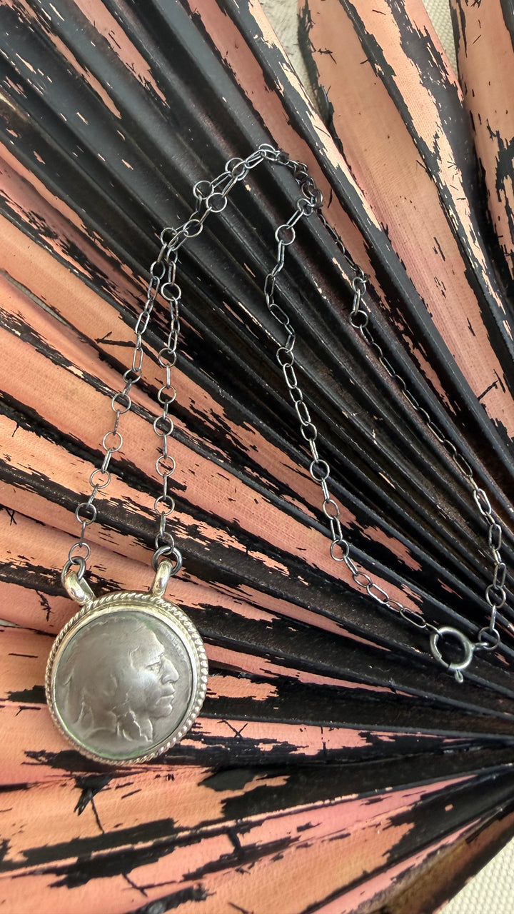 Keith Henry Navajo Buffalo Nickel Necklace | Handmade Sterling Silver Coin Pendant | Oxidized 16” Chain