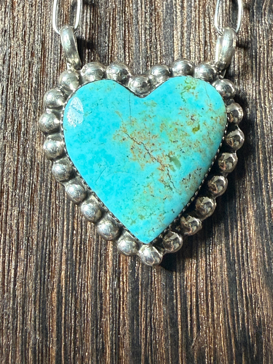 Navajo Handmade Kingman Turquoise Heart Sterling Silver Necklace - Signed Sonyei Coho