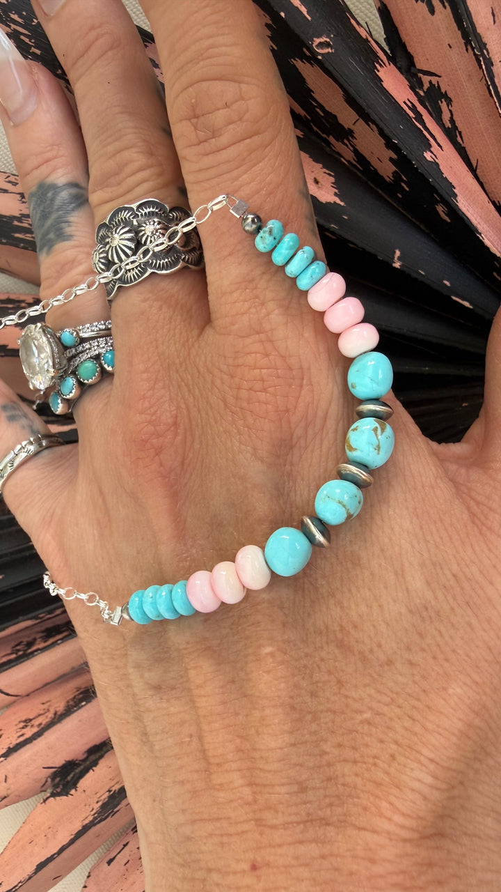 Navajo Kimberly Tom Turquoise & Pink Conch Necklace | Sterling Silver Chain | Handmade