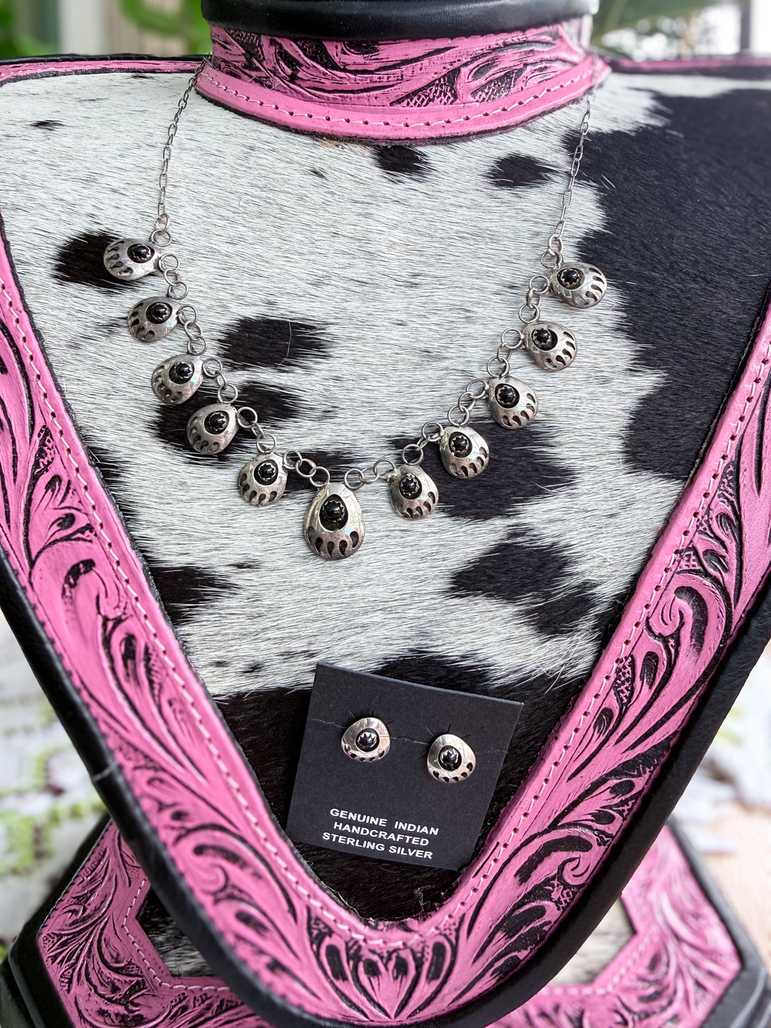Navajo Black Onyx Bear Paw Necklace & Earrings Set | Sterling Silver