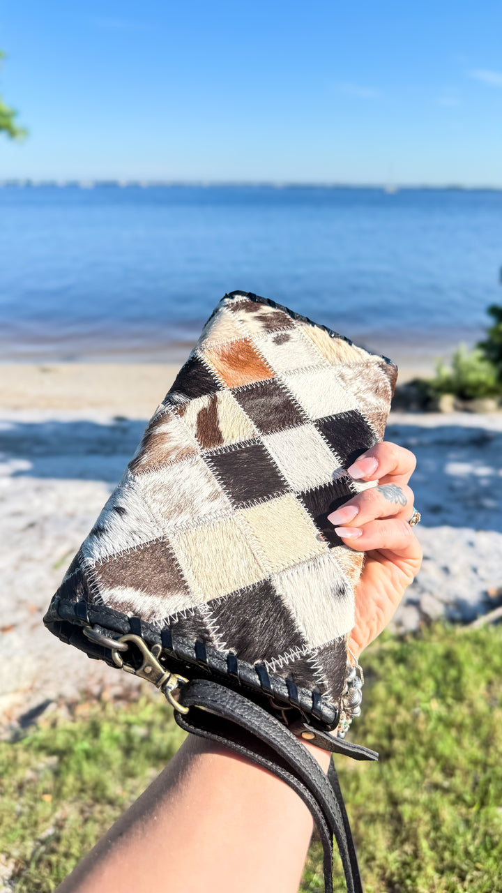 Check Her Out | Cowhide Patchwork Leather Clutch Crossbody & Wallet Organizer
