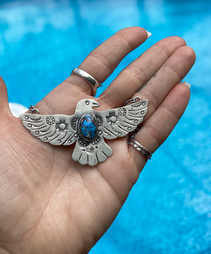 Sterling Silver Thunderbird Turquoise Necklace – Southwestern Statement Piece