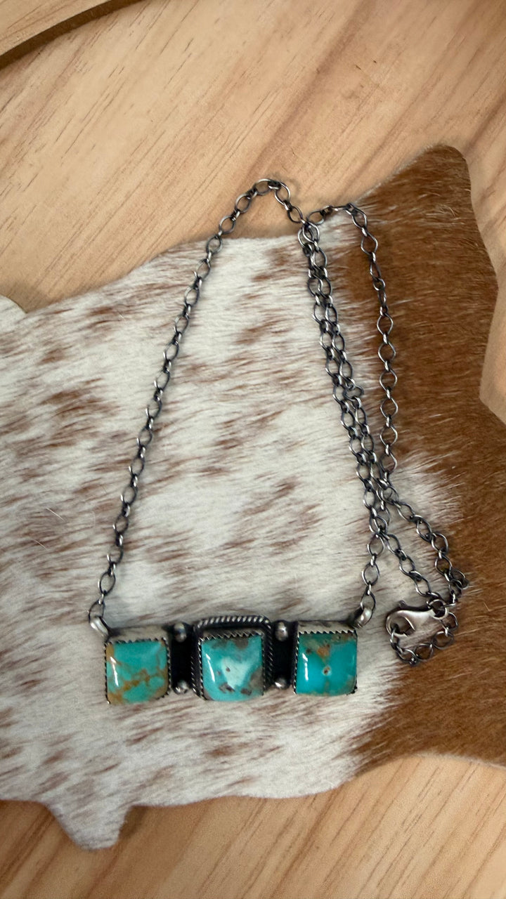Navajo Handmade Triple Turquoise Bar Necklace | Sterling Silver | Alysa Martinez | 18” Southwestern Necklace