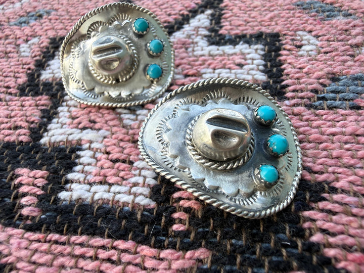 Navajo Handmade Cowboy hat Kingman Turquoise and Sterling Silver Earrings by Bobby Platero