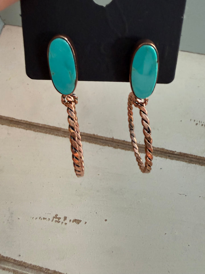 Turquoise Mojave & Copper Southwestern Hoop Dangle Earrings