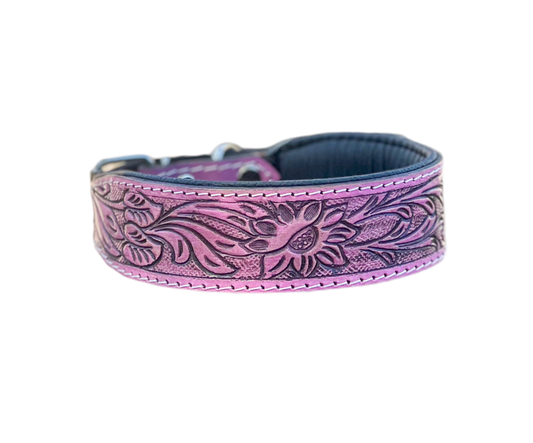 Magnolia Belle : (M/L) Pink Floral Leather Hand Tooled Dog Collar