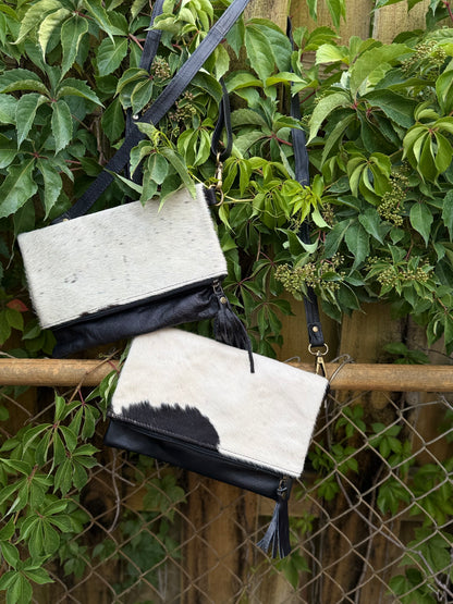 Hide Away Foldover: Small Elegant Black Leather and Hair on Cowhide Crossbody Foldover Purse