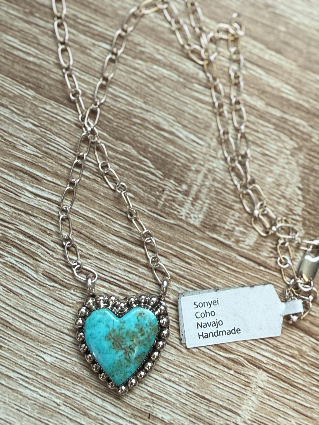 Navajo Handmade Kingman Turquoise Heart Sterling Silver Necklace - Signed Sonyei Coho