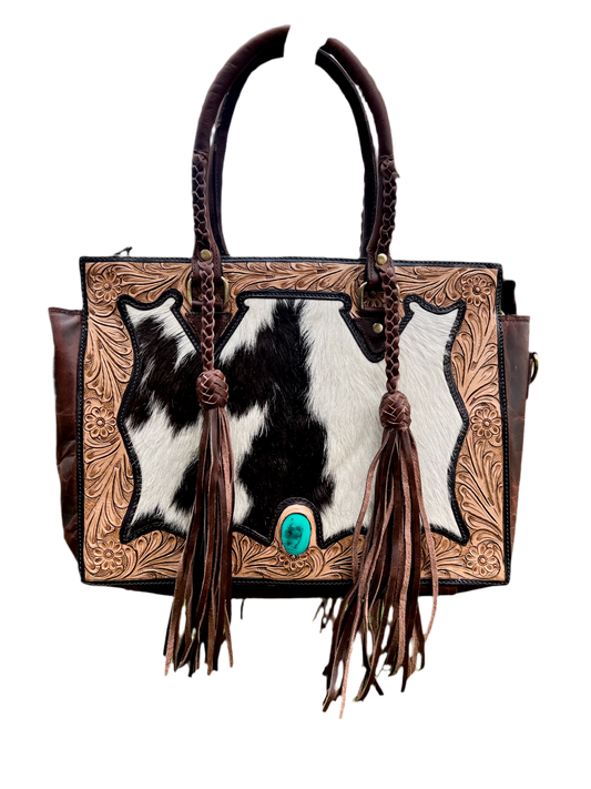Get to Work bag: Cowboy brown Concealed Carry Leather and Cowhide braided fringe tote