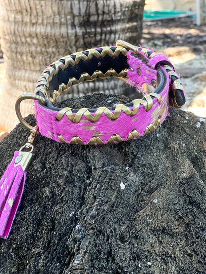 Hand Dyed Pink and Gold Cowhide Leather Dog Collar with Tassel (S/M)