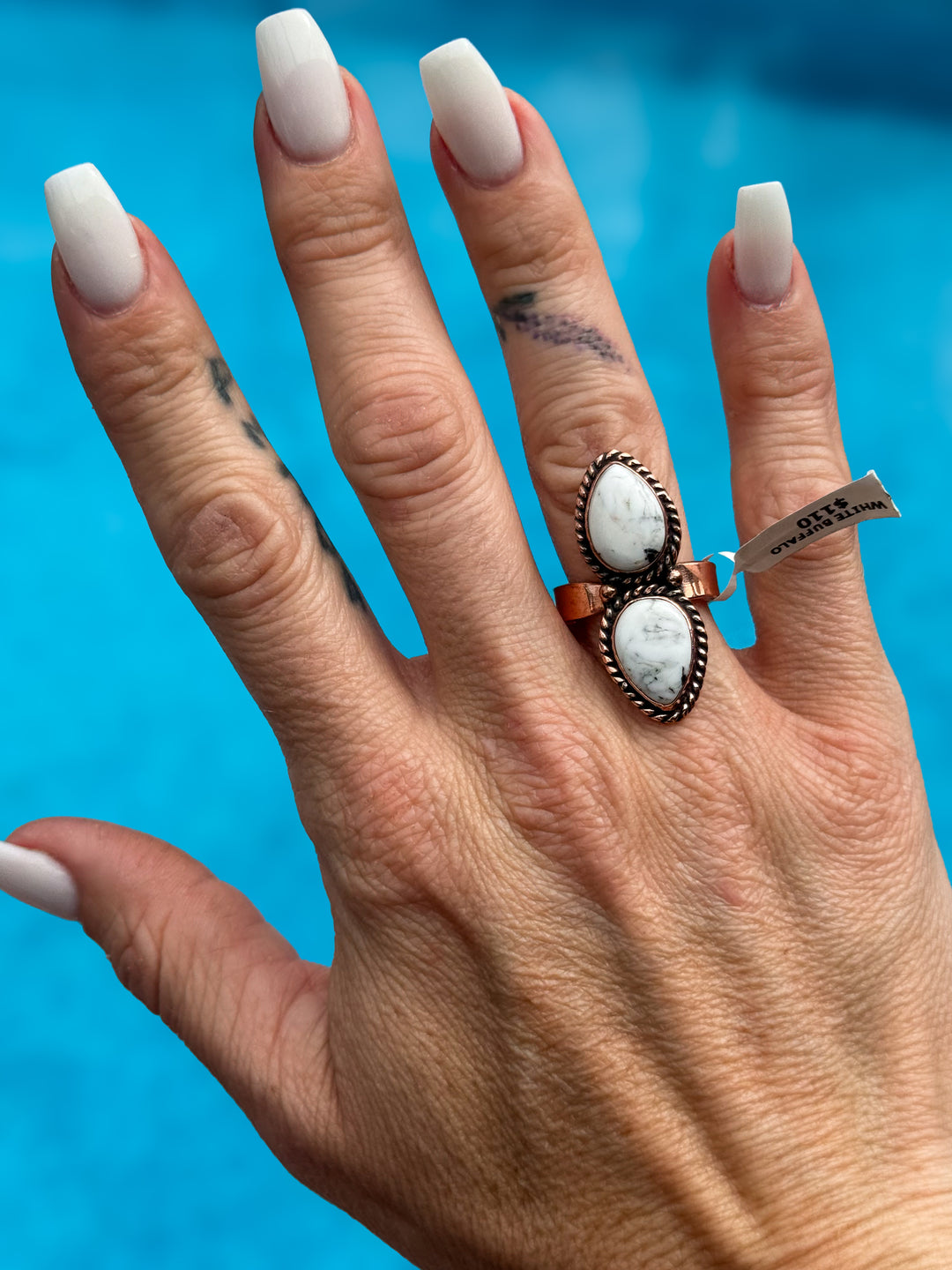 White Buffalo Style Turquoise Copper Adjustable Statement Ring