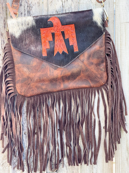 Midnight Thunder : Handcrafted Leather and Cowhide Concealed Carry Bag with Fringe Detail and Tbird Design