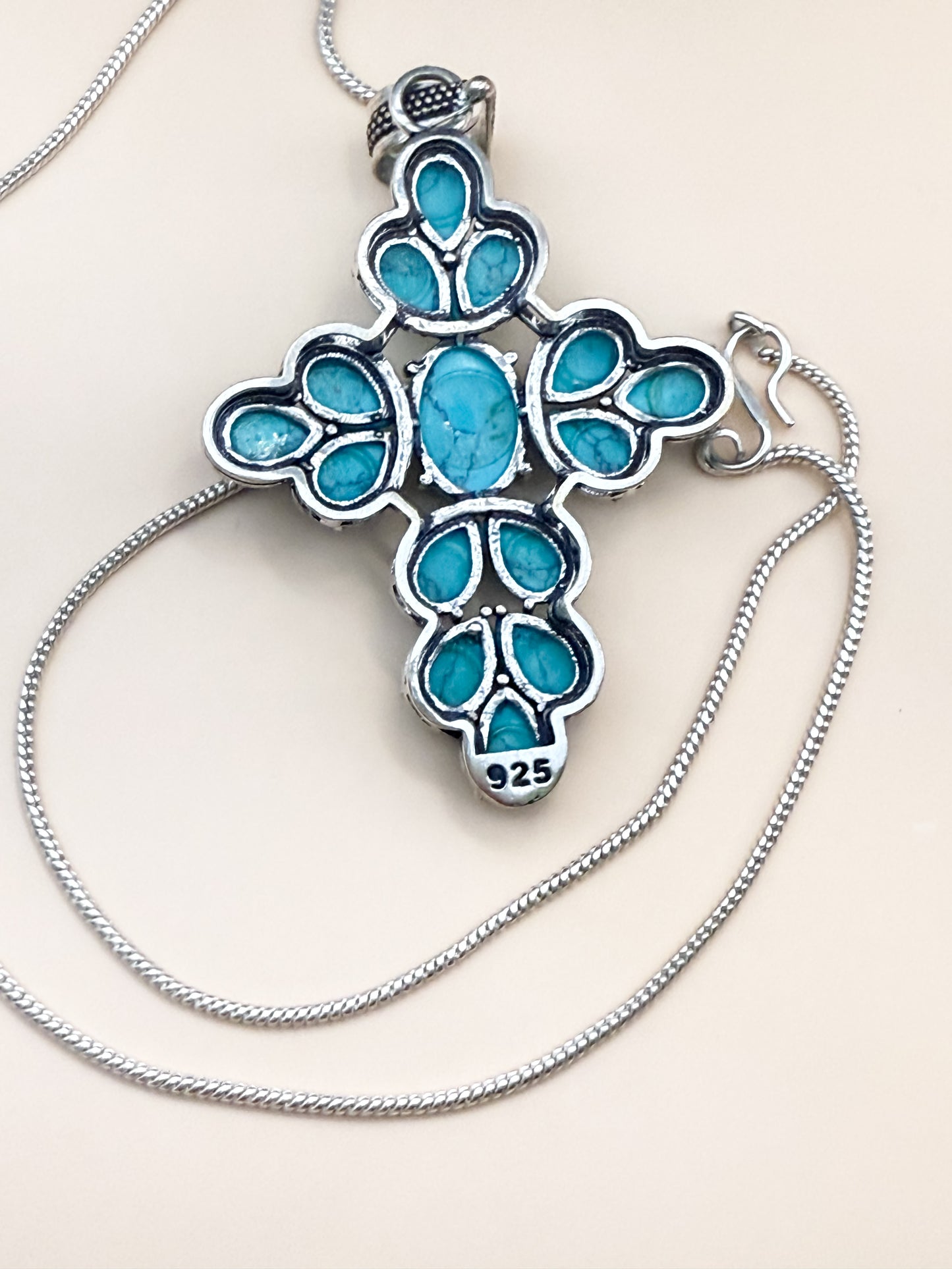 Turquoise Cross Pendant Necklace – 925 Sterling Silver with 18” Chain