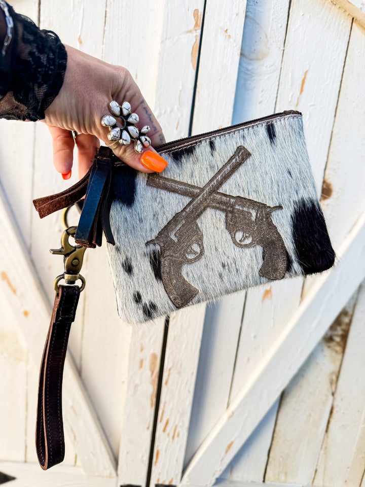 Cowboy Crossed Pistols | Full Grain Leather and Cowhide Zipper Essentials Pouch