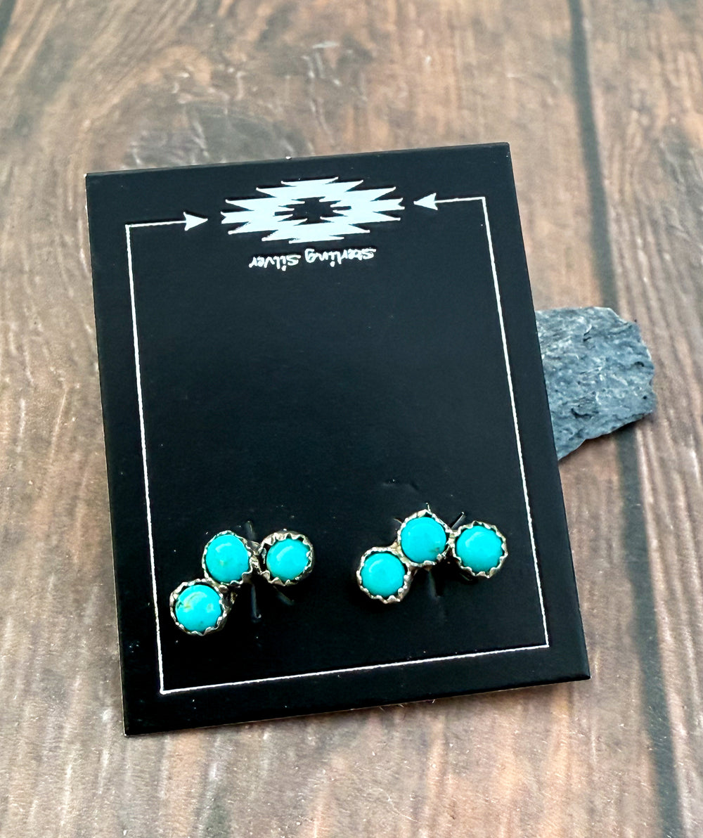 Native American Kingman turquoise three stone earrings sterling silver