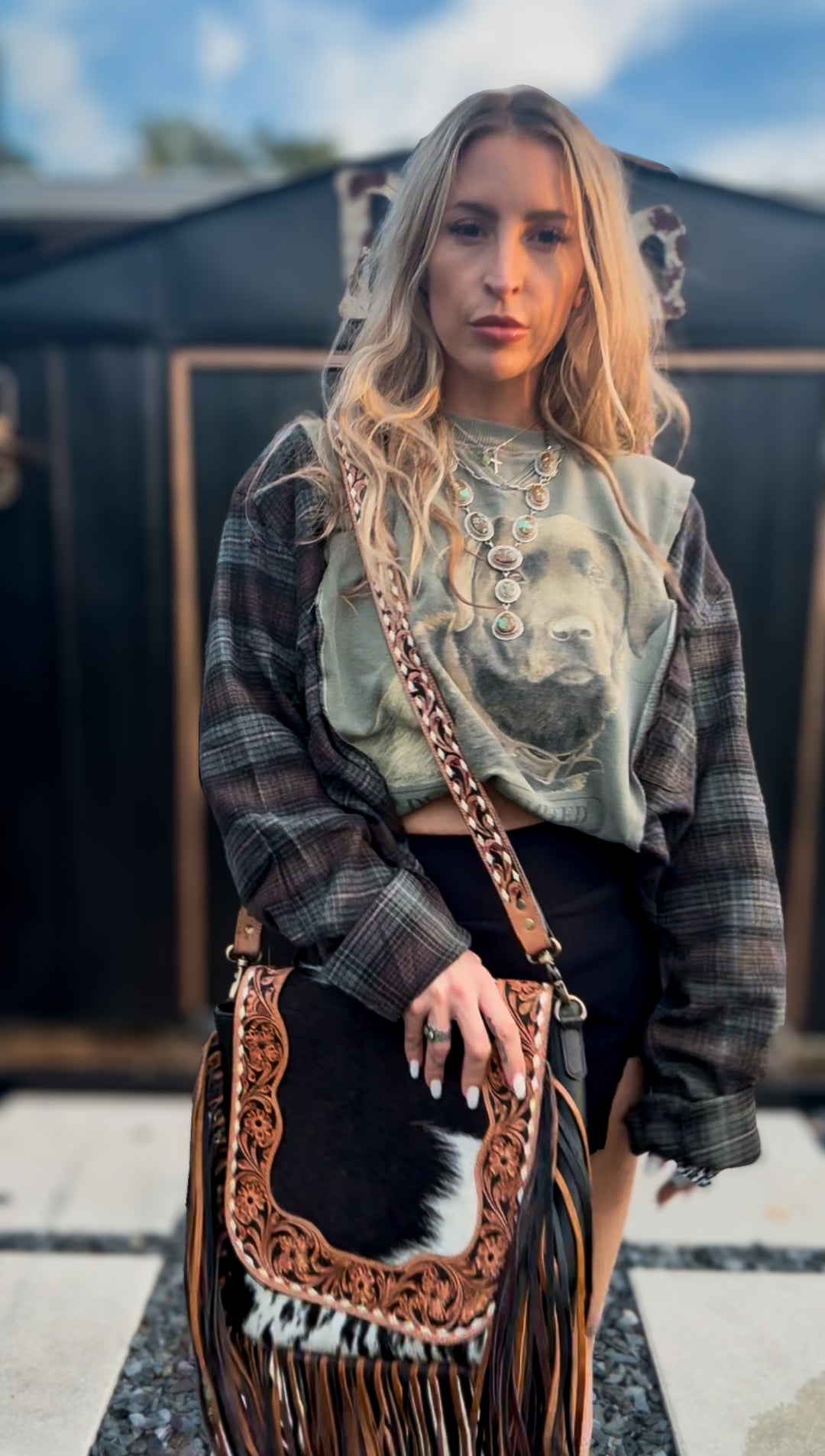 The Renegade | Cowhide Fringe Leather Crossbody Bag with Tooled Strap