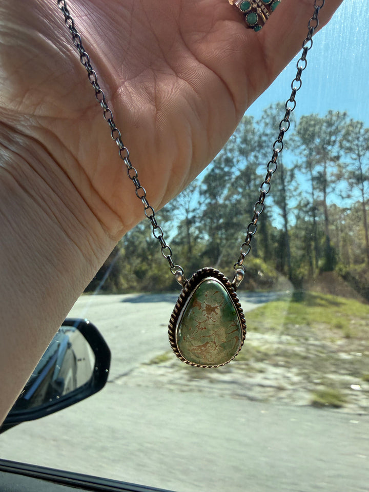 navajo royston turquoise pendant necklace sterling silver handmade chain
donovan skeet turquoise necklace 16 inch silver chain
native american turquoise pendant southwestern jewelry