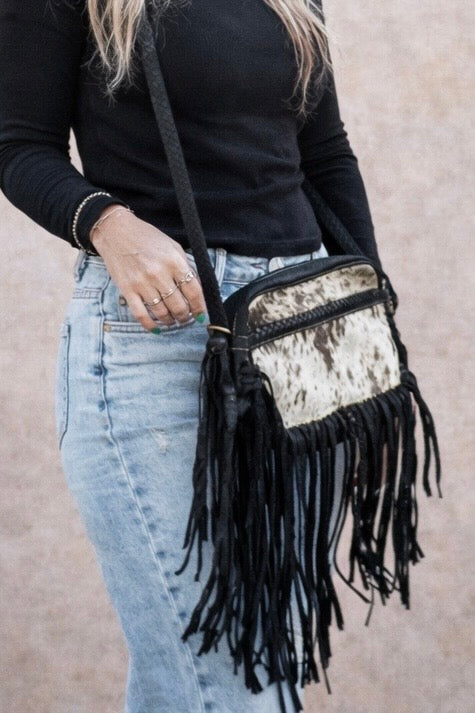 Donna Jean cowhide fringe braided leather crossbody bag
