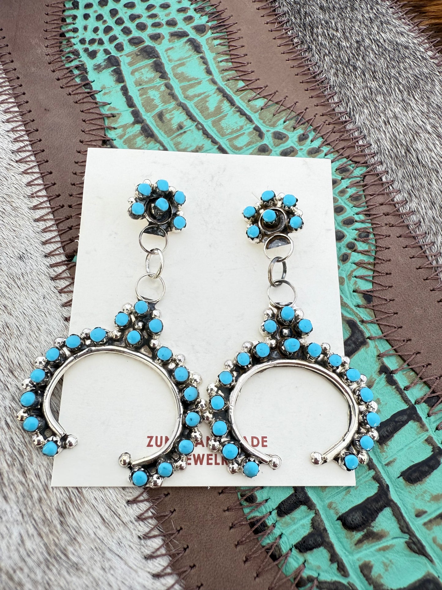 Zuni handmade snake eye Turquoise & Sterling Silver large Naja Dangle Earrings by Joann Cheama