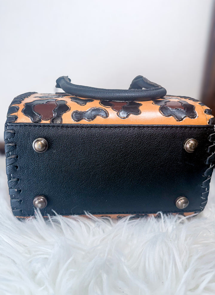 The Speedy Leopard Mini | Tooled Leather Leopard Pattern Structured Bowler Purse