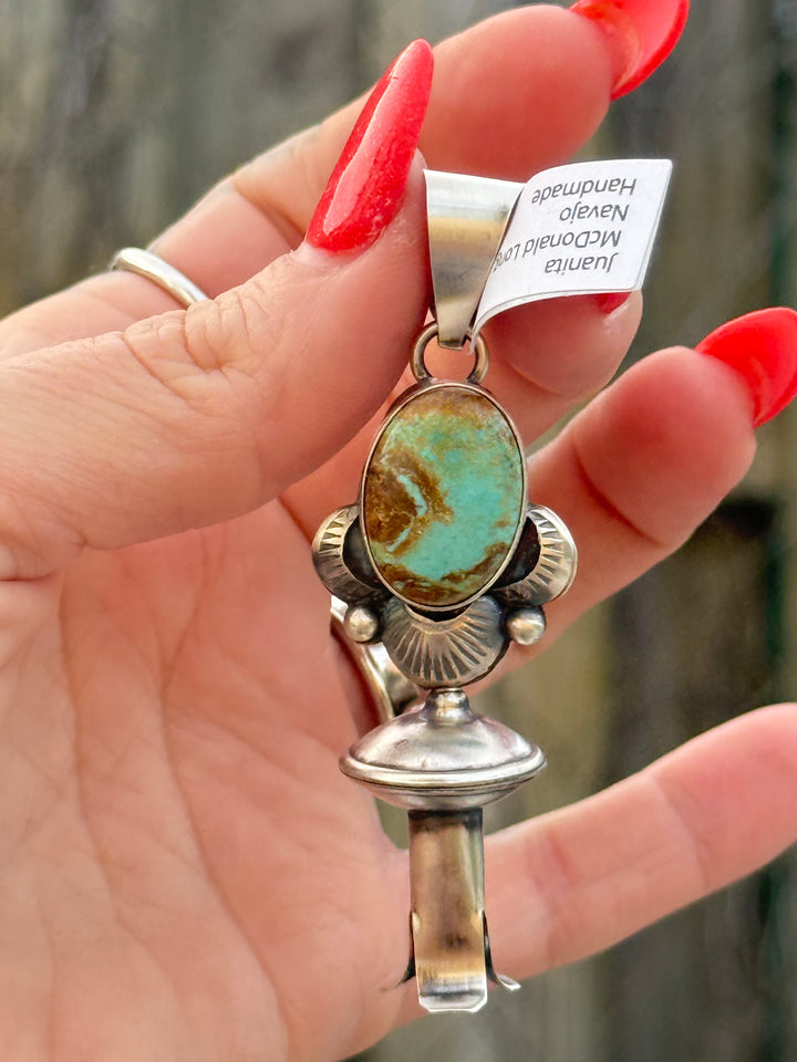 Navajo Number 8 Turquoise Squash Blossom Pendant | Sterling Silver by Juanita McDonald