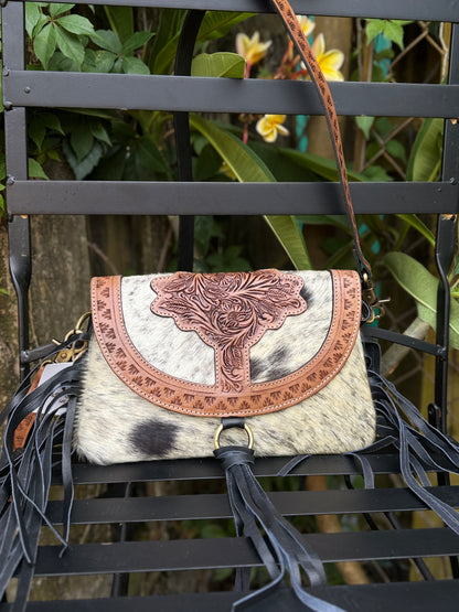 Bayou Bloom: Handtooled Leather and Cowhide Fringe Black and Brown Leather Crossbody with Fringe