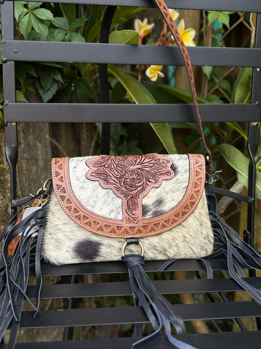 Bayou Bloom: Handtooled Leather and Cowhide Fringe Black and Brown Leather Crossbody with Fringe